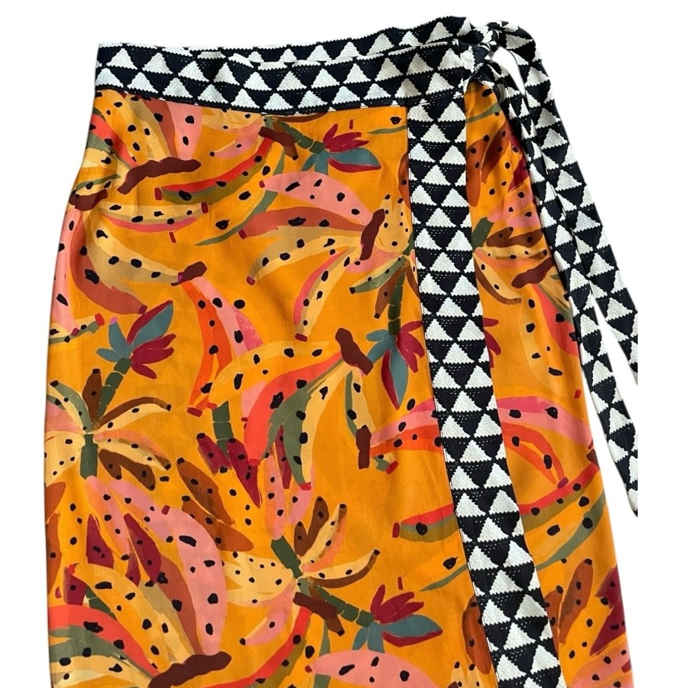 Farm Rio Anthropologie Contrast Wrap Midi Skirt Orange XS New Boho tropical pool - Picture 5 of 9